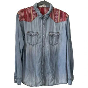 Women’s Lightweight Chambray Western Cowgirl Snap Front Casual Shirt Medium